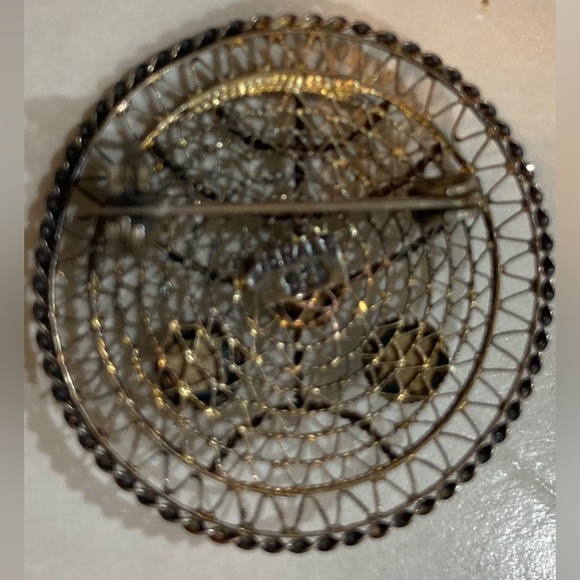 925 and Turquoise Vintage Menorah Filigree Pin Brooch - Picture 6 of 9